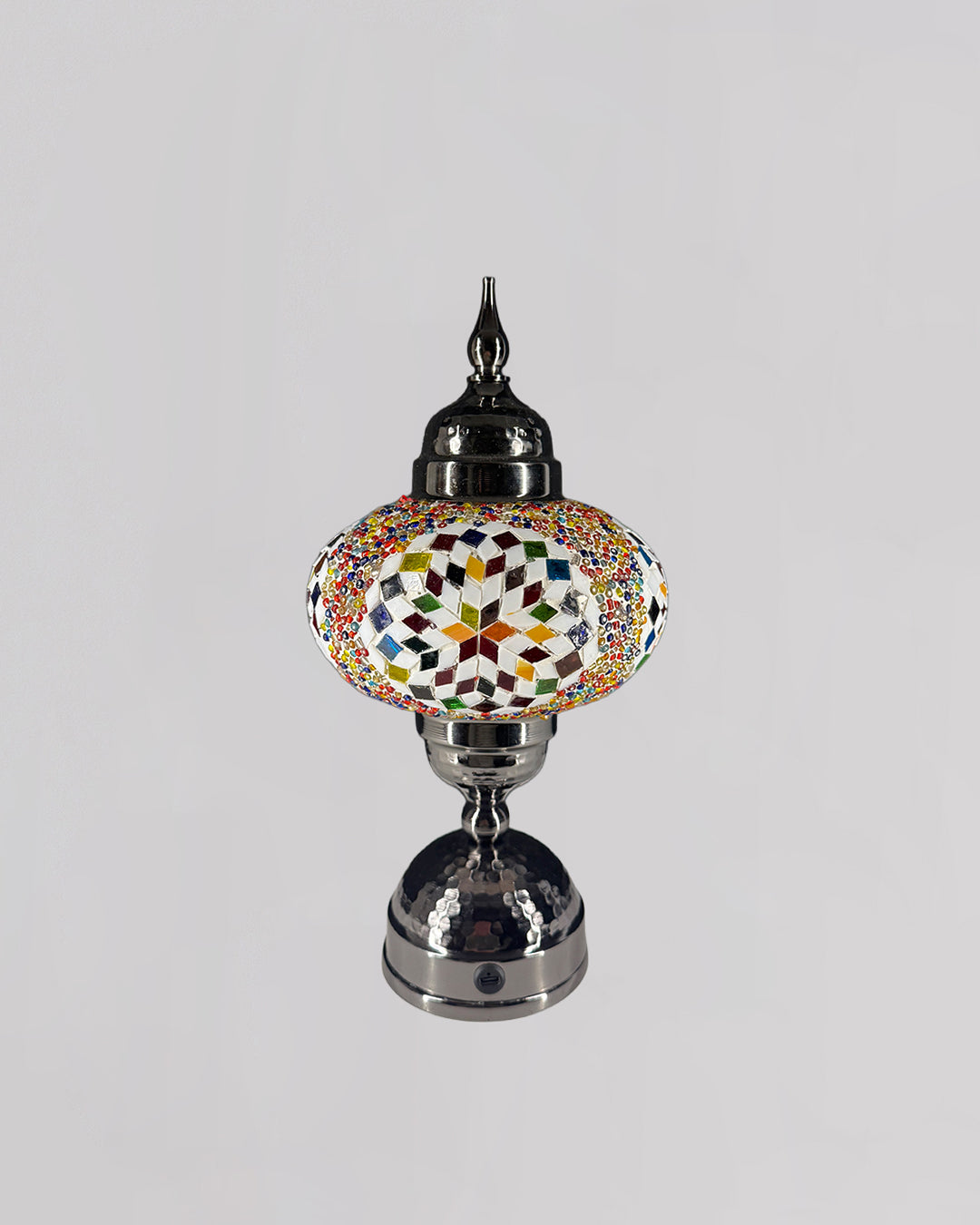 Decorative lamp with a colorful geometric design on a gray background