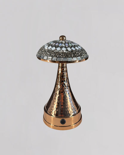 Decorative lamp with a metallic finish on a light gray background